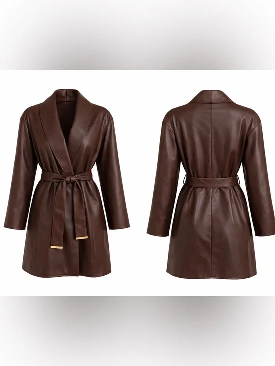 Kenneth Cole Vegan Leather Belted Trench Coat Brown Luxe Minimalist Jacket Sz L - Picture 5 of 15
